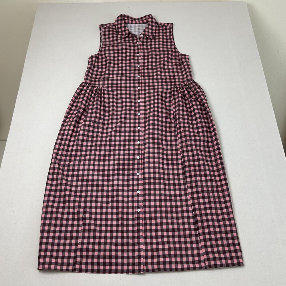 Leyoutx Women's Sleeveless Gingham Maxi Shirt Dress Pink and Black Medium